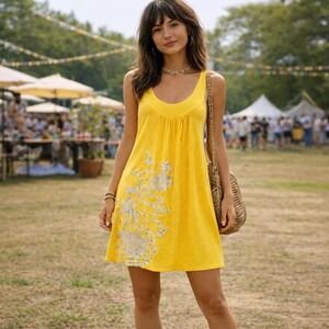 Vintage Y2K YA Mini Dress Yellow Sleeveless Silver Floral Print Made in USA M/L